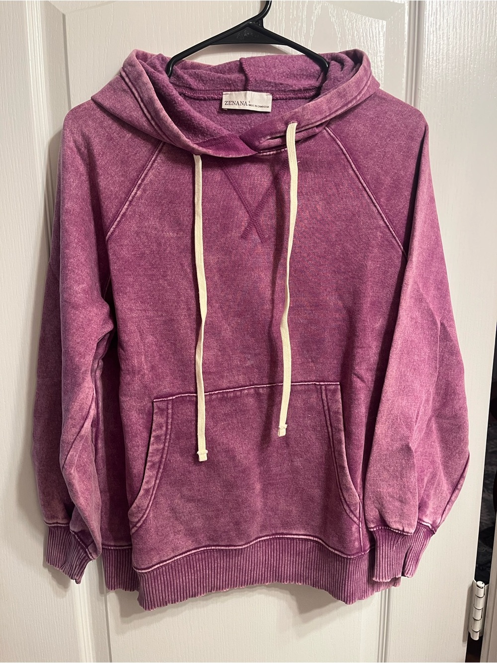 Zenana Outfitters Plum Wash Pullover Hoodie with Cream Drawstrings